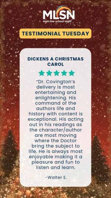 Dr. Covington brings literature to life and he’s back this season with a festive journey into Dickens’ world! Join us for A Yuletide Fest with Charles Dickens, Scrooge & The Mirthful Rest on Dec. 10th! Click https://bit.ly/4pvq2Ky to learn more and register! 🎄📚✨
•
•
•
#MainLineSchoolNight #MLSN #LifelongLearning #BOTML #AdultClasses #ThingsToDo #Fun #Learning #AdultLearning #MLSNClasses #Community #Cooking #Connection #Nonprofit #MainlinePA #RadnorPA #VillanovaPA #DelcoPA #TestimonialTuesday