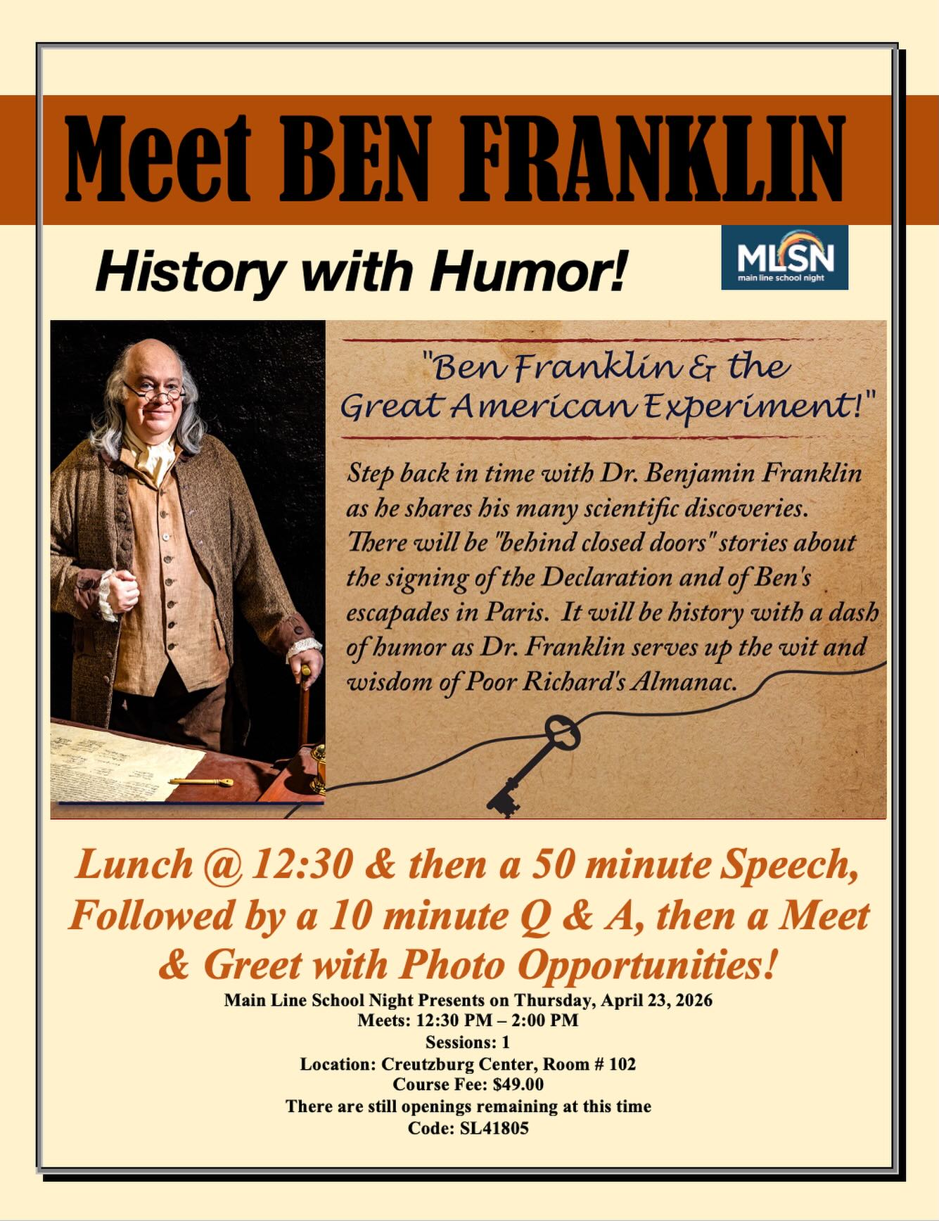 Last chance to join us tomorrow 🇺🇸

Step into the world of Ben Franklin in The Great American Experiment, a lively, story-filled experience that brings one of America’s most fascinating figures into focus through humor, insight, and storytelling.

From scientific discoveries to stories you won’t find in textbooks, this is history that’s engaging, memorable, and brought vividly to life.

🎟 Reserve your seat: https://bit.ly/4tr3JIv

Interested in more classes tied to America’s 250th birthday? Explore what’s next at mainlineschoolnight.org
•
•
•
#mainlineschoolnight #lifelonglearning #america250 #mainlinepa