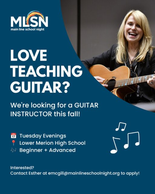 🎸 Do you know a great guitar teacher?

Main Line School Night is looking for an enthusiastic guitar instructor to teach beginner guitar this fall, with the opportunity to teach more advanced students as well.

Classes will be held at Lower Merion High School on Tuesday evenings during our Fall 2026 semester (September 22-November 17), with instruction taking place over six weeks.

If you or someone you know has a passion for teaching and enjoys helping adult learners build confidence through music, we’d love to hear from you!

📧 Please contact Esther at emcgill@mainlineschoolnight.org to learn more.

🎶 Know the perfect person? Tag them in the comments or share this post with your friends, family, and fellow musicians!