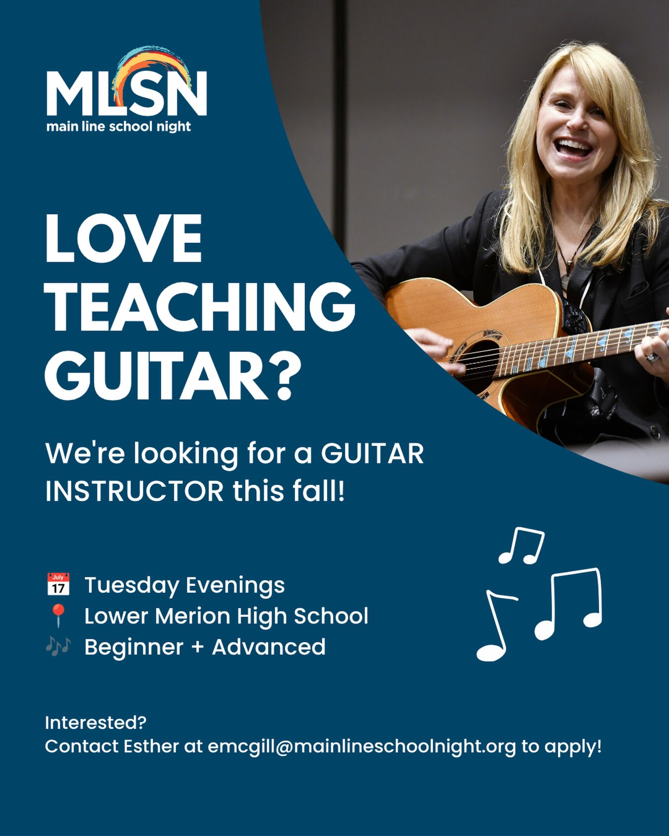 🎸 Do you know a great guitar teacher?

Main Line School Night is looking for an enthusiastic guitar instructor to teach beginner guitar this fall, with the opportunity to teach more advanced students as well.

Classes will be held at Lower Merion High School on Tuesday evenings during our Fall 2026 semester (September 22-November 17), with instruction taking place over six weeks.

If you or someone you know has a passion for teaching and enjoys helping adult learners build confidence through music, we’d love to hear from you!

📧 Please contact Esther at emcgill@mainlineschoolnight.org to learn more.

🎶 Know the perfect person? Tag them in the comments or share this post with your friends, family, and fellow musicians!