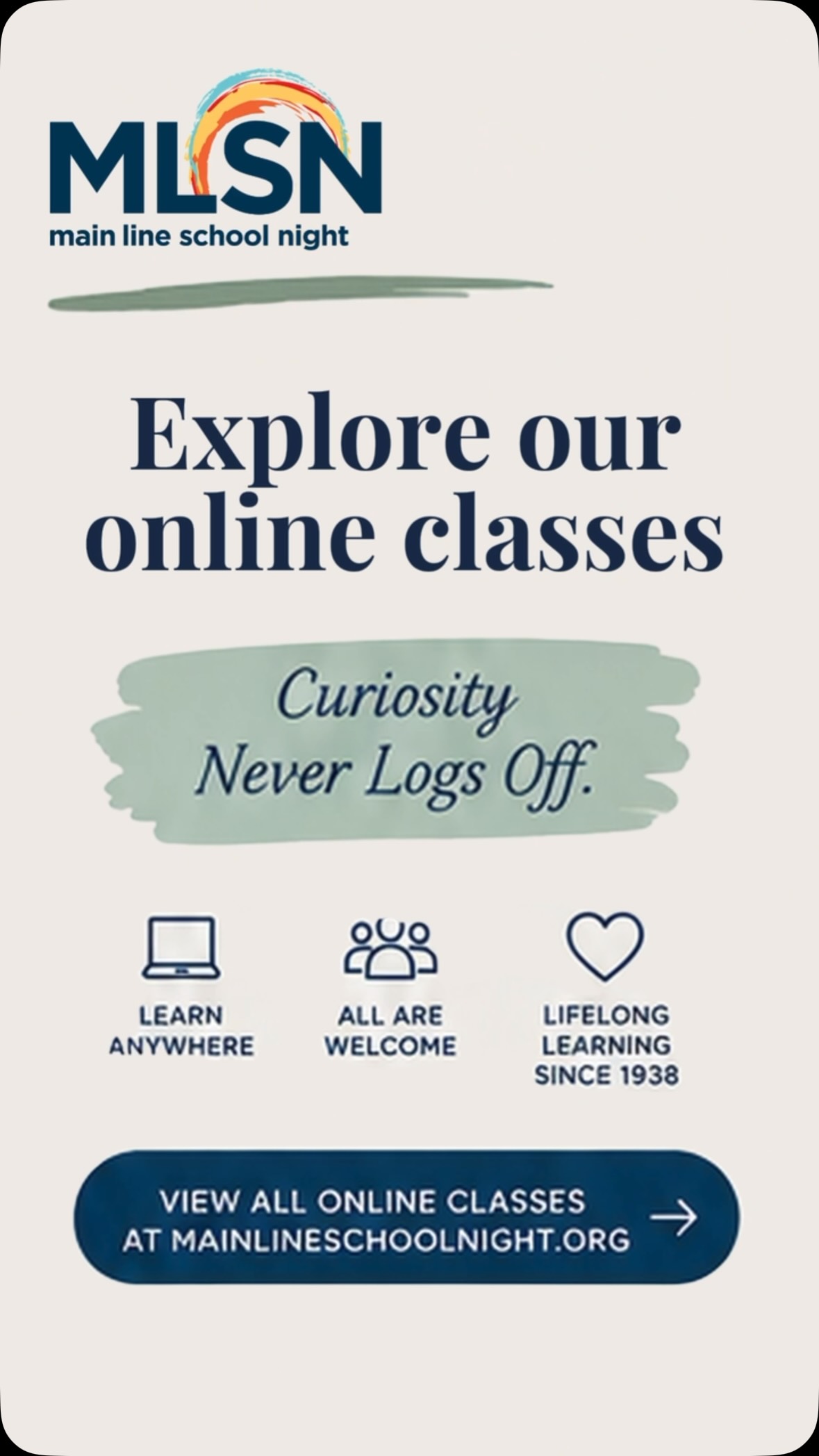 In honor of National Online Learning Day, we’re celebrating all the ways you can keep learning from wherever you are! 💻✨ 

With 75+ online classes this fall, Main Line School Night makes it easy to explore a new interest, build a new skill, or simply try something you’ve always been curious about, all from the comfort of home. 

From engaging lectures and creative pursuits to health, history, technology, and more, there’s plenty to discover online this fall. 

💻 Visit mainlineschoolnight.org & explore our upcoming online classes!
•
•
•
#MainLineSchoolNight #OnlineLearningDay #LifelongLearning #OnlineClasses #MainLinePA