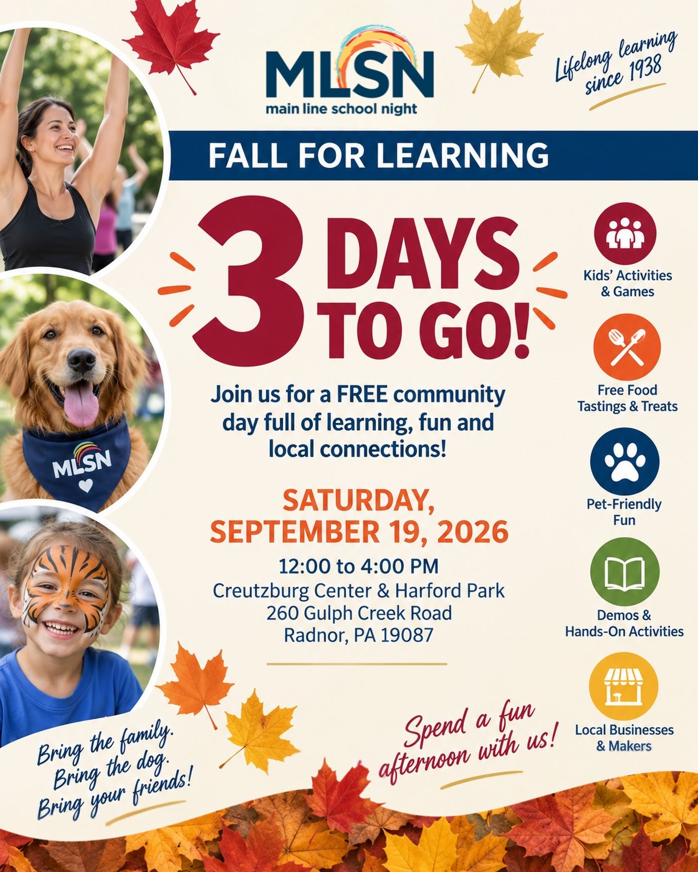 🍂 THIS SATURDAY! 🍂 

Fall for Learning is almost here! Join us at Main Line School Night for a FREE afternoon of learning, food, fun and community. 

✨ Try an MLSN class 
💃 Dance, fitness & live demonstrations 
🎨 Hands-on activities 
🎈 Kid Zone 
🐾 Doggie Zone 
🍴 Food & tastings 
🎁 Giveaways & goodies 
🤝 Local businesses & community partners 

📅 Saturday, September 19 
⏰ 12–4 PM 
📍 Creutzburg Center, 260 Gulph Creek Road, Radnor 

Bring the kids, bring your friends, bring your dog and spend the afternoon with us! 

See the full schedule: mainlineschoolnight.org/ffl2026/ 
•
•
•
#MainLineSchoolNight #RadnorPA #MainLinePA #ThingsToDoMainLine #LifelongLearning