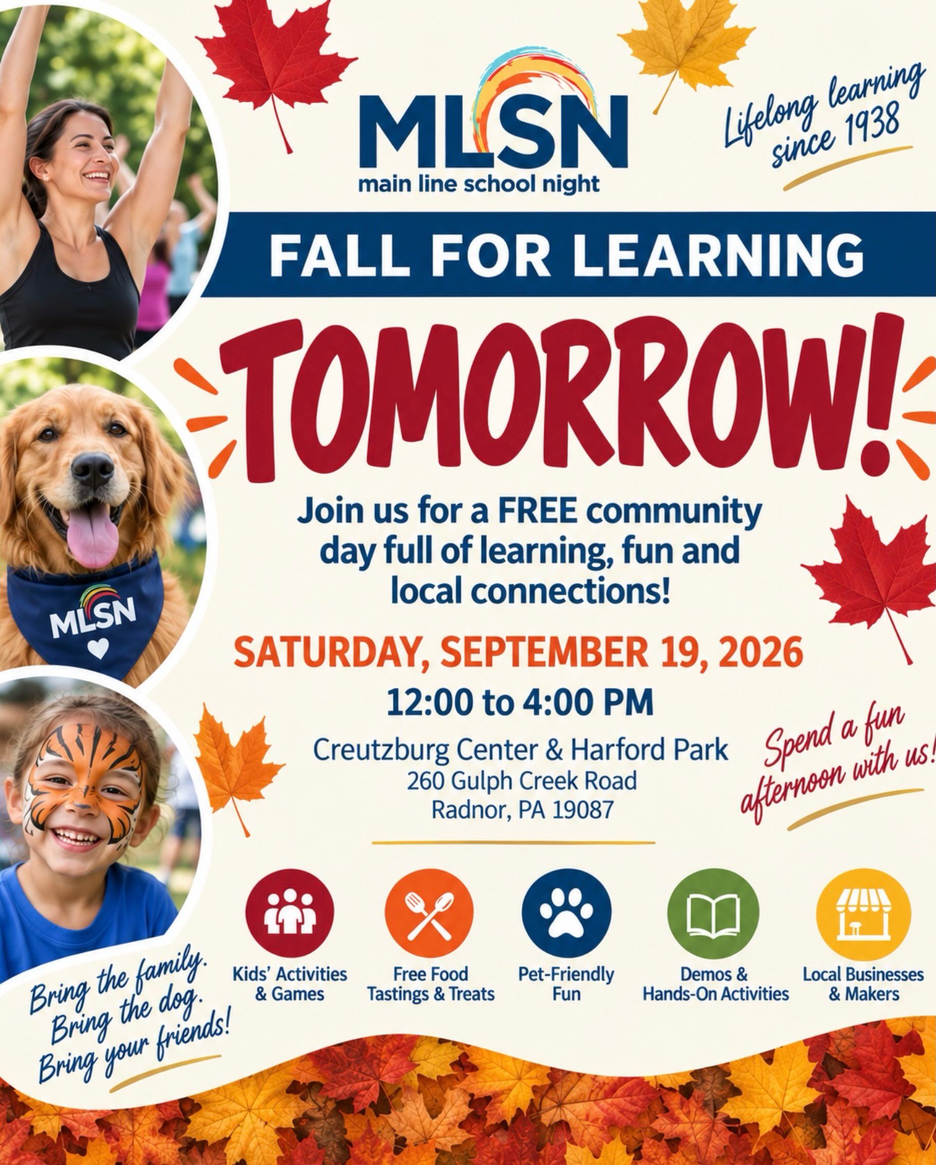 🍂 TOMORROW! 🍂

Fall for Learning is almost here! Join us tomorrow, Saturday, September 19, from 12–4 PM for a FREE afternoon of learning, food, fun and community at the Creutzburg Center & Harford Park. 🎉

Bring the family, bring the dog and bring your friends! 🐶🍦📚

Enjoy free food, tastings & treats, kids’ activities, live demos, hands-on activities, games, local businesses & makers, giveaways and plenty of opportunities to discover something new.

📍 Creutzburg Center & Harford Park
260 Gulph Creek Road, Radnor
⏰ 12–4 PM
🎟️ FREE & open to the community!

We can’t wait to see you tomorrow! 🍁

#FallForLearning #MainLineSchoolNight #RadnorPA #MainLinePA #CommunityEvent LifelongLearning