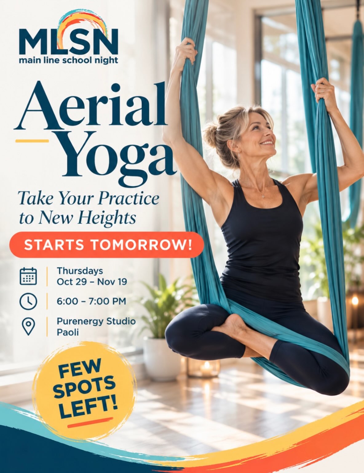 Take your yoga practice to new heights! 🧘‍♀️✨

Looking to shake up your fitness routine? Give Aerial Yoga a try! Using suspended silk hammocks, this unique class combines yoga, stretching, and strength-building for a fun, uplifting experience.

STARTS TOMORROW! Thursday, October 29

📍 Purenergy Studio, Paoli
📅 Thursdays, October 29 – November 19
⏰ 6–7 PM

FEW SPOTS LEFT! Don’t miss your chance to stretch, strengthen, and soar!

🔗 Register now: https://bit.ly/47GVvmr
•
•
•
#MainLineSchoolNight #AerialYoga #MainLinePA #LifelongLearning #YogaClasses